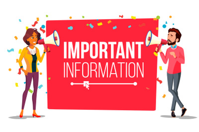 Important Information Attention Banner Vector. Businessman, Woman With Megaphone. Loudspeaker. Business Advertising. Place For Text. Illustration