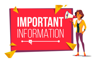 Important Information Banner Vector. Business Woman With Megaphone. Loudspeaker. Business Advertising. Place For Text. Attention Illustration