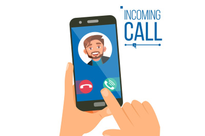 Incoming Call Vector. Man Face On Mobile Smartphone Screen. Calling Service Application. Video, Voice Conversation. Business Communication. IP Telephony. Isolated Flat Cartoon Illustration