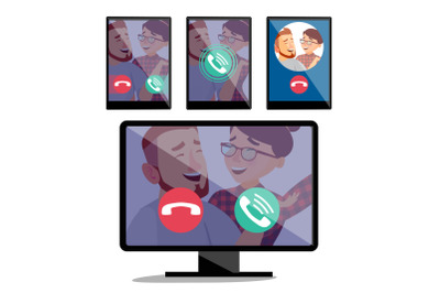 IP Telephony Vector. Desktop Pc Display Monitor Screen And Tablet. Incoming Voice Call. Web Internet Calling Application. Digital Conversation. Friends, Family, Business Communication. Isolated Flat Cartoon Illustration