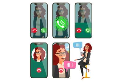 Online Call Vector. Woman Face. Mobile Screen. Video, Voice Chatting Online. Speaking. Calling Application Interface. On-line Chat App. Communication. Bubble Speeches. Wireless Talking. Illustration