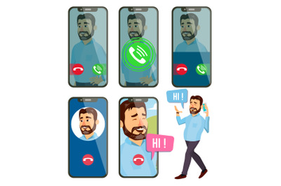 Online Call Vector. Man Face. Mobile Smartphone Screen. Video, Voice Chatting Online. Speaking. Calling Application Interface. On-line Chat App. Communication. Wireless Talking. Illustration