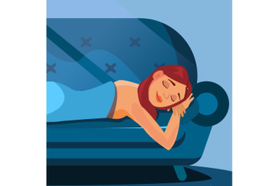 Sleeping Beautiful Woman Vector. Healthy Sleep. Night Bedroom. Flat Cartoon Illustration