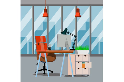 Office Interior Vector. Modern Business Workspace. Office With Furniture. Flat Illustration