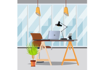 Office Interior Vector. Office With Furniture. Modern Workplace. Flat Illustration