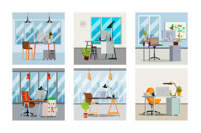 Office Interior Vector. Interior Office Room With Furniture Design. Modern Business Workspace. Flat Illustration