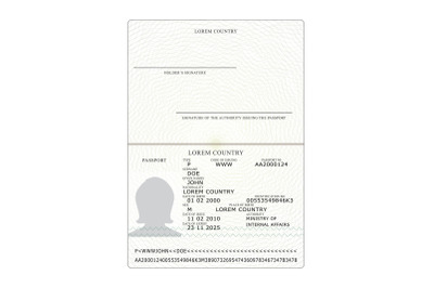 International Passport Vector. Opened Passport Page Blank Template. Identification Document. Business, Tourism Concept.