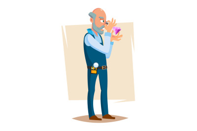 Jeweler Valuer Isolated Man Vector. Professional Classic Jeweler Examines The Diamond. Cartoon Character Illustration