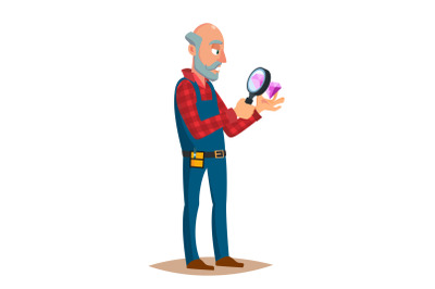 Jeweler Diamond Expert Vector. Jewels And Diamonds. Man Examines Faceted Diamond In Workplace. Cartoon Character Illustration