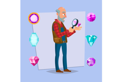 Jeweler Man Vector. Eyeglass Magnifier, Jewelry Gem Items. Occupation Person To Work With Precious Stones. Cartoon Character Illustration