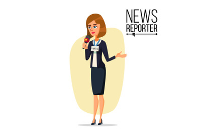 Female Journalist Vector. Microphone. Professional Reporter Isolated Flat Cartoon Character Illustration