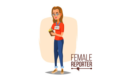 Female Journalist Vector. Microphone. Professional Reporter Isolated Flat Cartoon Character Illustration