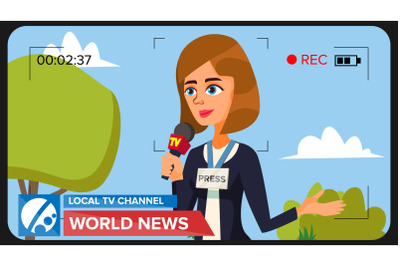 TV Reporter Presenting News. Vector Concept. Video Camera Viewfinder. Female Recording TV News. Production Video. Microphone. Woman Journalists Do Report. Flat Cartoon Illustration