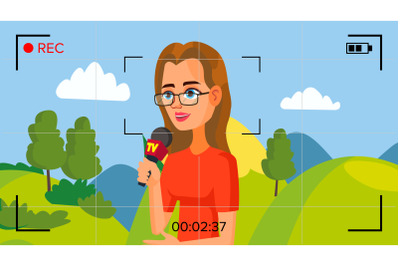 Special Correspondent Performing News Report. Vector Concept. Video Camera Viewfinder. Female Recording TV News. Production Video. Woman Reporter. Outside Broadcasting Cartoon Character Illustration
