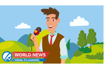 Journalist Man On Air. News Reporter Performing Concept Vector. Male With Microphone. Video Camera Viewfinder. Employment Television Journalist. Flat Cartoon Illustration