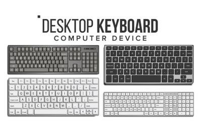 Desktop Keyboard Set Vector. Wireless Modern Plastic Tool. Top View. Isolated On White Illustration