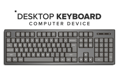 Desktop Keyboard Vector. 3D Realistic Classic Computer Keyboard Mockup. Isolated On White Illustration