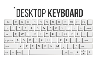 Keyboard Isolated Vector. Layout Template. Classic Keyboard. White Buttons. Computer Desktop. Electronic Device. Isolated On White Realistic Illustration