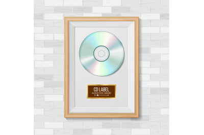 CD Disc Award Vector. Best Seller. Musical Trophy. Realistic Frame, Album Disc, Brick Wall. Illustration