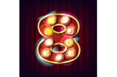 8 Number Vector. Eight Font Marquee Light Sign. Realistic Retro Shine Lamp Bulb. 3D Glowing Digit. Vintage Golden Illuminated Neon Light. Carnival, Circus, Casino, Slot Style. Alphabet Illustration