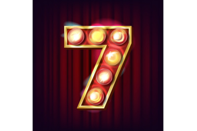 7 Number Vector. Seven Font Marquee Light Sign. Realistic Retro Shine Lamp Bulb. 3D Electric Glowing Digit. Vintage Golden Illuminated Neon Light. Carnival, Circus, Casino Style. Alphabet Illustration