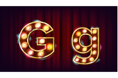 G Letter Vector. Capital&2C; Lowercase. Font Marquee Light Sign. Retro Shine Lamp Bulb Alphabet. 3D Electric Glowing Digit. Vintage Gold Illuminated Light. Carnival&2C; Circus&2C; Casino Style. Illustration