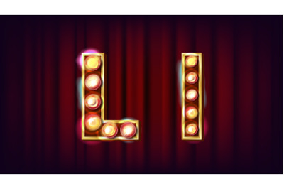 L Letter Vector. Capital&2C; Lowercase. Font Marquee Light Sign. Retro Shine Lamp Bulb Alphabet. 3D Electric Glowing Digit. Vintage Gold Illuminated Light. Carnival&2C; Circus&2C; Casino Style. Illustration