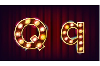 Q Letter Vector. Capital&2C; Lowercase. Font Marquee Light Sign. Retro Shine Lamp Bulb Alphabet. 3D Electric Glowing Digit. Vintage Gold Illuminated Light. Carnival&2C; Circus&2C; Casino Style. Illustration