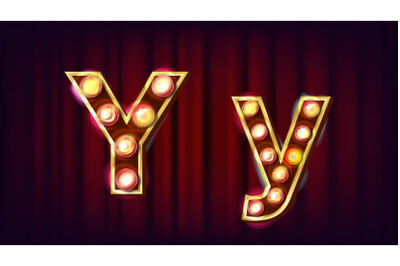 Y Letter Vector. Capital&2C; Lowercase. Font Marquee Light Sign. Retro Shine Lamp Bulb Alphabet. 3D Electric Glowing Digit. Vintage Gold Illuminated Light. Carnival&2C; Circus&2C; Casino Style. Illustration