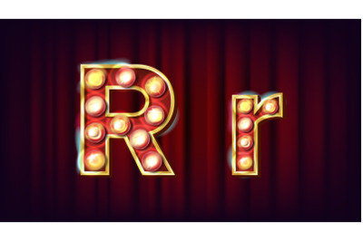 R Letter Vector. Capital&2C; Lowercase. Font Marquee Light Sign. Retro Shine Lamp Bulb Alphabet. 3D Electric Glowing Digit. Vintage Gold Illuminated Light. Carnival&2C; Circus&2C; Casino Style. Illustration