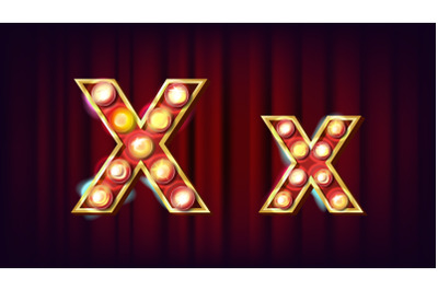 X Letter Vector. Capital, Lowercase. Font Marquee Light Sign. Retro Shine Lamp Bulb Alphabet. 3D Electric Glowing Digit. Vintage Gold Illuminated Light. Carnival, Circus, Casino Style. Illustration
