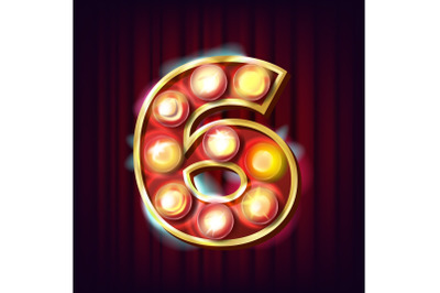 6 Number Vector. Six Font Marquee Light Sign. Realistic Retro Shine Lamp Bulb. 3D Electric Glowing Digit. Vintage Golden Illuminated Light. Carnival, Circus, Casino, Slot Style. Alphabet Illustration