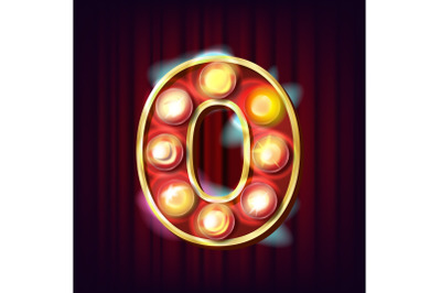 0 Number Vector. Zero Font Marquee Light Sign. Realistic Retro Shine Lamp Bulb. 3D Electric Glowing Digit. Vintage Golden Illuminated Neon Light. Carnival, Circus, Slot Style. Alphabet Illustration