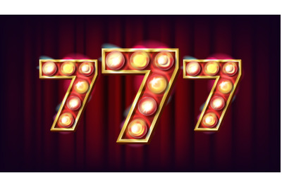 777 Banner Vector. Casino 3D Glowing Element. For Lottery, Poker, Roulette Design. Game Illustration