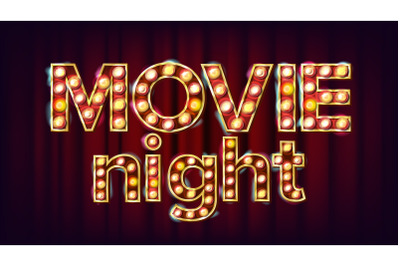 Movie Night Background Vector. Theatre Cinema Golden Illuminated Neon Light. For Theater, Cinematography Advertising Design. Retro Illustration