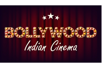 Bollywood Indian Cinema Banner Vector. Vintage Cinema 3D Glowing Element. For Cinematography Advertising Design. Retro Illustration