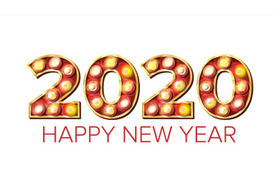 2020 Happy New Year Vector. Marquee Light Background Decoration. Greeting Card Design. 2020 Light Sign. Vintage Golden Illuminated Neon Light. Holiday Retro Shine Lamp Bulb 2020. Isolated Illustration