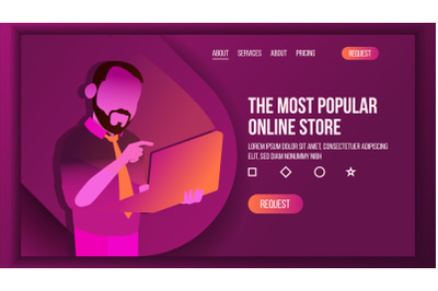 Online Sale Shopping Landing Page Concept Vector. Store. Man Shop Online Using Laptop. Main Website Page Design. Consumerism Template Illustration