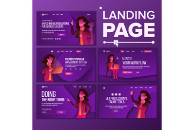 Landing Page Set Vector. Woman. Workflow Management. Business Coworking. Office Investment Webpage. Developer Interface. Main Website Page Design. Consumerism Template Illustration