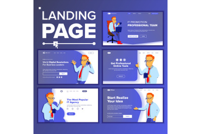 Landing Set Main Web Page Design Vector. Website Business Concept. Template. Working Team. Corporate. Illustration