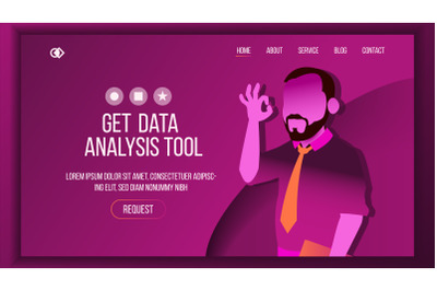 Data Landing Page Concept Vector. Man. Main Website Page Design. Digital Office. Modern Style. Analyzing Statistics. Developer Interface. Template Illustration
