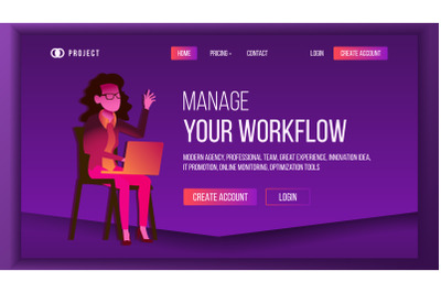 Workflow Business Landing Page Vector. Brainstorming Business Coworking. Workflow Management. Woman. Template Illustration