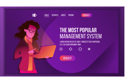 Management System Landing Page Vector. Store. Woma With Laptop. Business Processes. Main Website Page Design. Consumerism Template Illustration