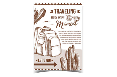 Traveling Backpack On Desert Sand Banner Vector