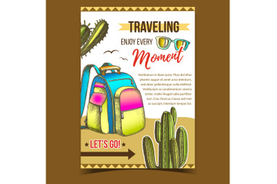 Traveling Backpack On Desert Sand Banner Vector