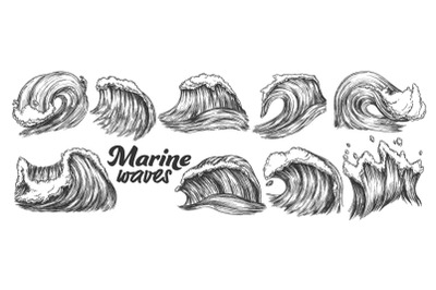 Designed Sketch Splash Marine Wave Set Vector