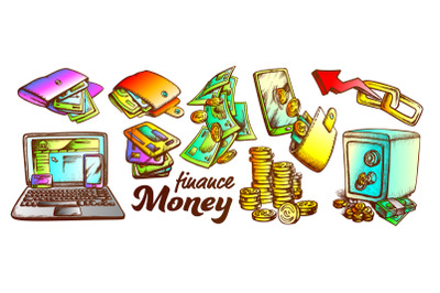 Money Finance Collection Monochrome Set Vector