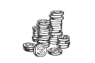 Coins Pile Stacked, Metal Money Monochrome Vector