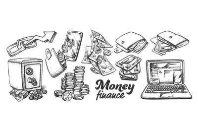 Money Finance Collection Monochrome Set Vector