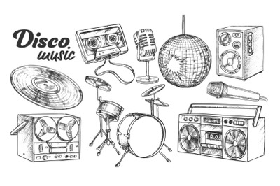 Disco Music Collection Elements Ink Set Vector